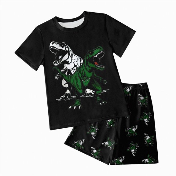 Hessimy Toddler Boy 2-Piece Summer Outfit Set Soft Short Set with Cute Cartoon Print Shorts for Daily Wear,Everyday Wear(Dark Green,2-3 Years)