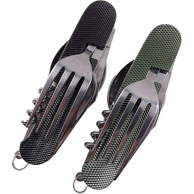 Juego de cubiertos plegables para acampar, de acero inoxidable, portátil, 6 en 1, multiherramientas, 2 piezas, amarillo y rojo