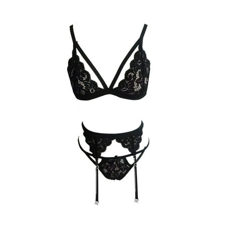 

Sebtyili Bikini Lingerie Female Lace Three Point Deep V with Garter Suit