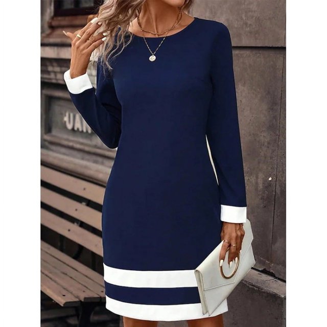 Vestidos de oficina elegantes para mujer, vestido Midi estampado a rayas, manga larga, cuello redondo, primavera y otoño, 2024