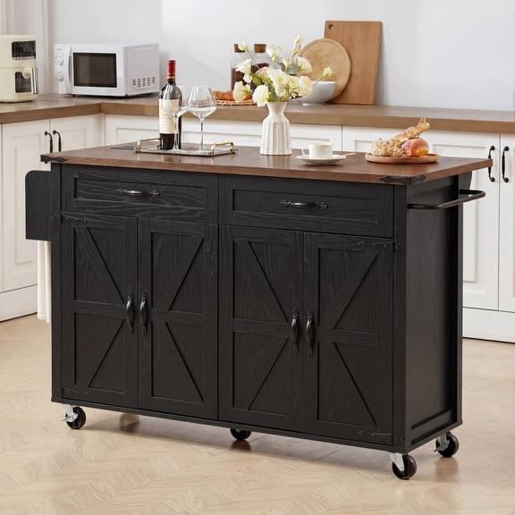 AISWORD Farmhouse Rolling Kitchen Island with Drop Leaf & Built-in Power Outlet, Barn Door Storage Cart on Wheels, Spice & Towel Rack, Black