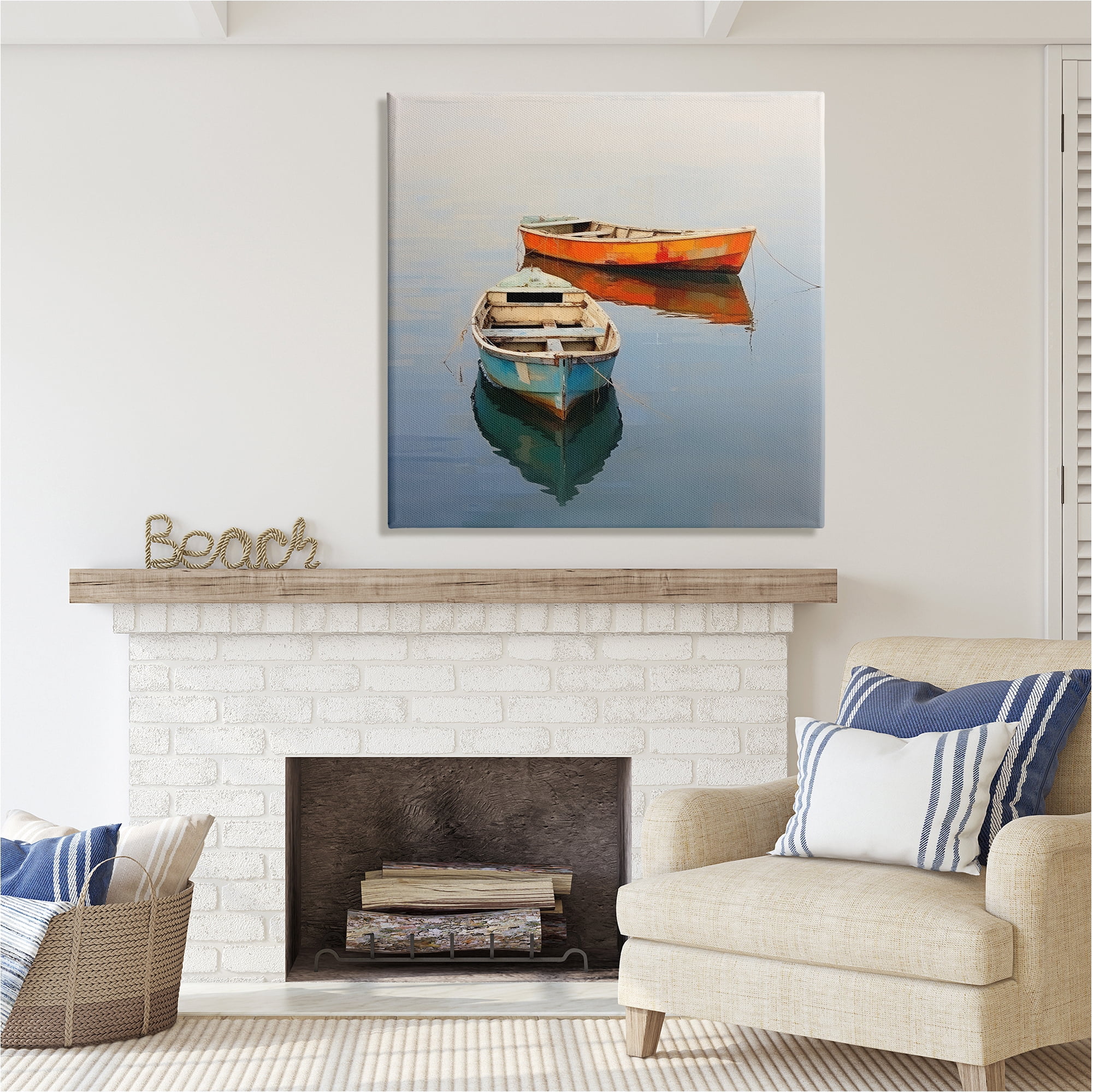 Stupell Industries Orange & Blue Boats Transportation Painting Gallery Wrapped Canvas Art Print Wall Art, 36 x 36