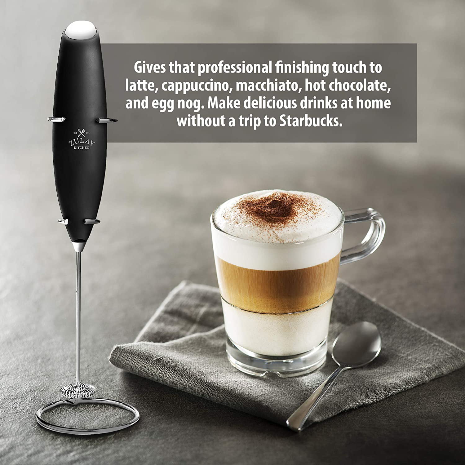 Zulay Kitchen High Powered Milk Frother Handheld Foam Maker for Lattes, Cappuccinos, Matcha, Frappe & More - Metallic Black