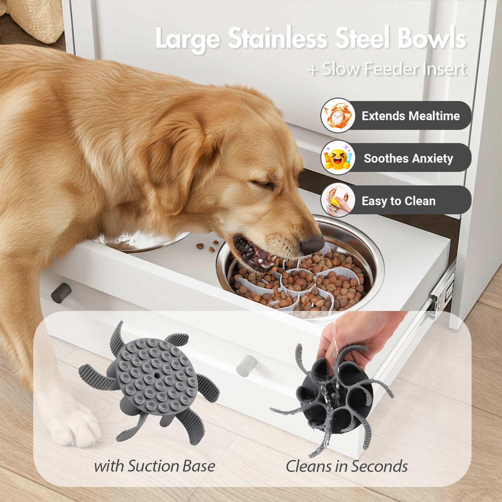 Advwin Dog Feeding Station with Storage Cabinet, Hidden Elevated Bowls for Medium & Large Dogs, Dog Food Cabinet Organizer with Slow Feeder, Stainless Steel Dog Bowls & Hooks for Pet Supplies, White