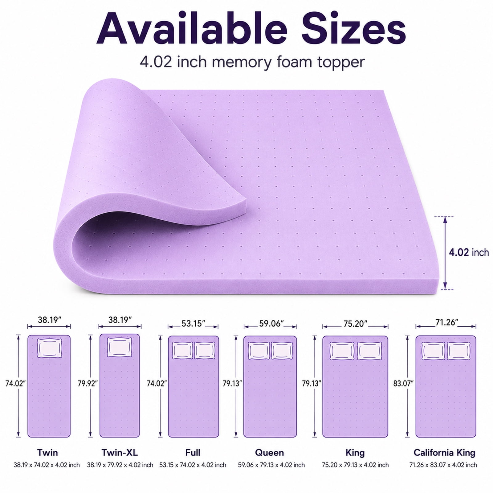 Alvantor 4 Inch Cooling Gel Memory Foam Mattress Topper Pressure Relief Pad, Ventilated Design Bed Topper, Purple