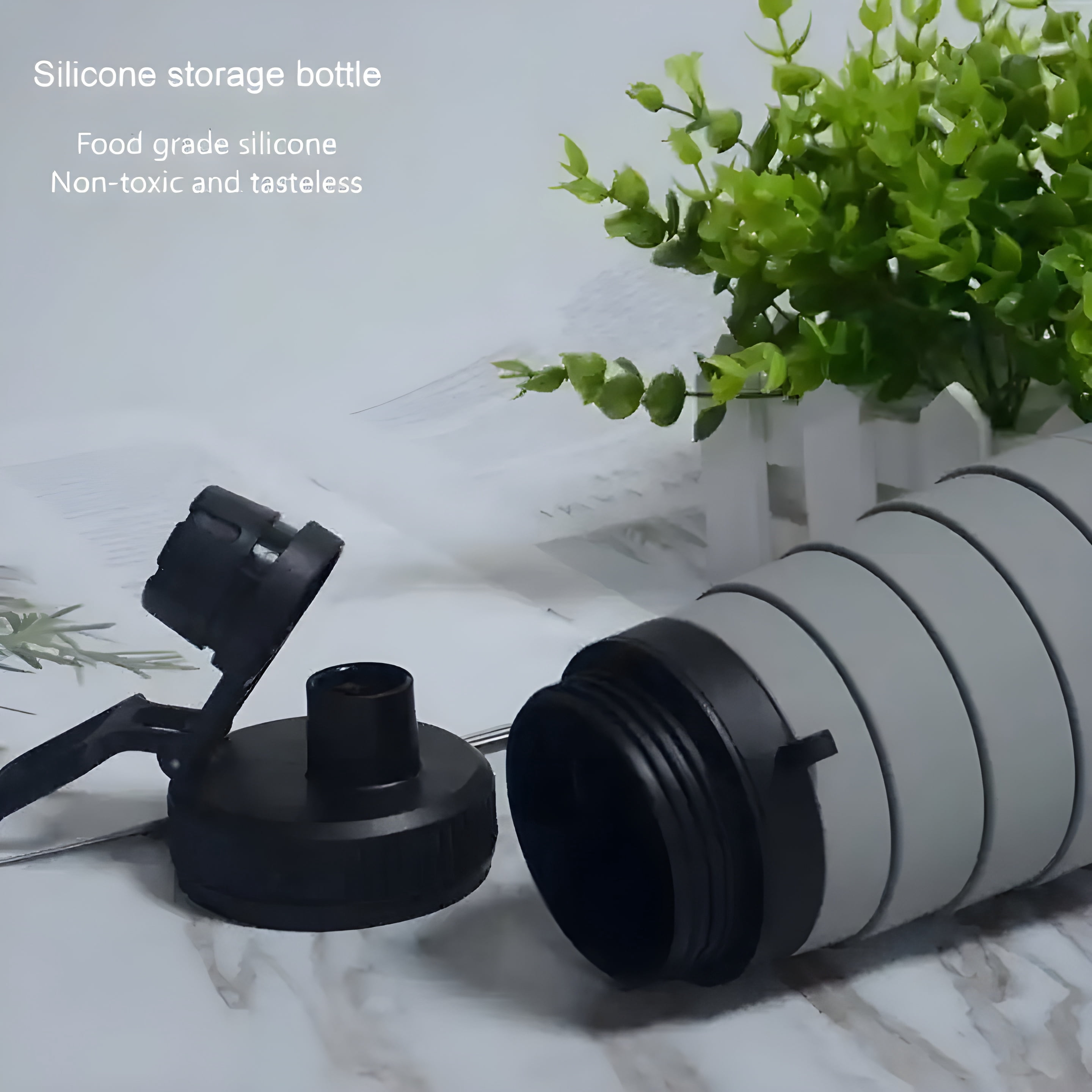 BEQU 750ml/25 Fl Oz Collapsible Silicone Water Bottle with Pills Storage Base, Reusable, BPA Free, Odorless, Dishwasher-Safe, Portable, Leak Proof for Sports Home Travel Office (2PK Black-Gray)