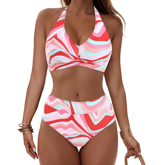 BSDJILFG Push Up Swimsuits for Women,2-Piece Halter Swim Top with Hipster Bottom,Graphic Print Bikini Bra High Waisted Swimwear Beachwear