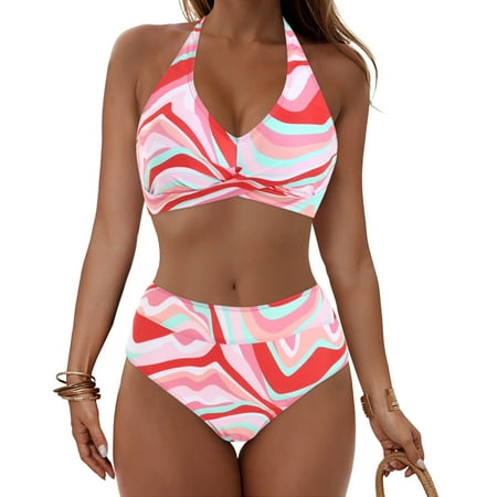 LEBONYARD Women s Two Piece Swimwear Halter Bikini Top & Bottom Set Swimsuits for Women 2 Piece Hawaiian Tropical Print Swim Cami Bra and Ruffles Bathing Sets Beachwear Pink S
