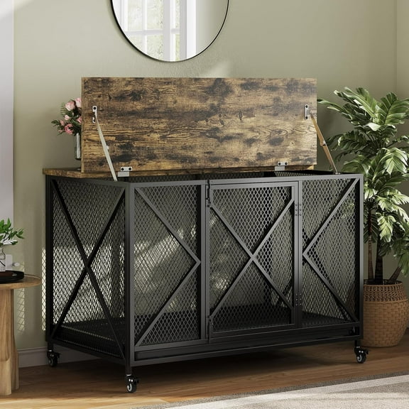 Pet Dog Rolling Dog Crate Furniture, 48 inch Indoor Furniture Crate with Potty Tray, Large Dog Kennel Furniture for Large, Medium and Small Dogs