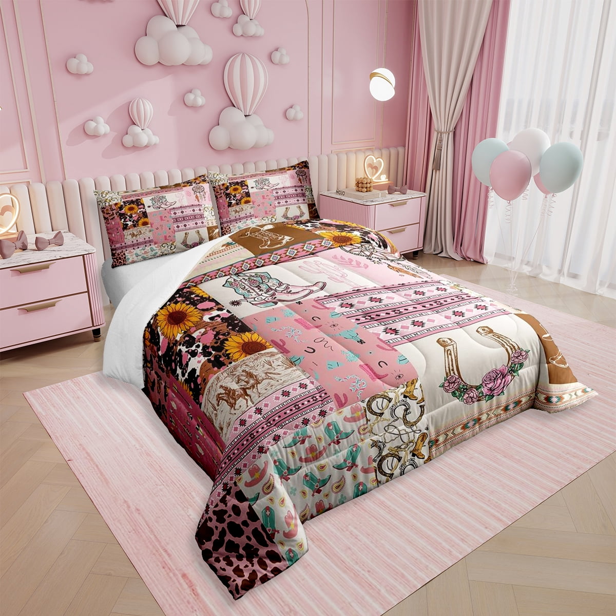 Erosebridal Western Cowgirl Comforter Set Southwestern Hat Printed Twin Size Bedding Women , Cactus Boho Paisley Print Bed Comforter Set Brown Lattice Duvet Insert Pink Room Decor