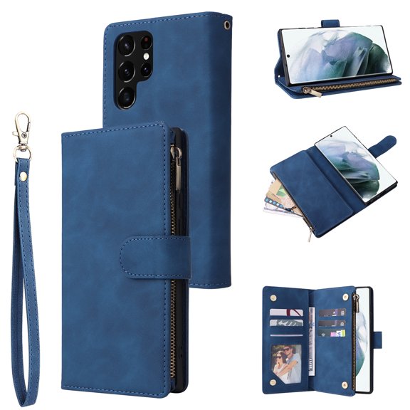 TECH CIRCLE Galaxy S22 Ultra Wallet Case, Classy PU Leather Zipper Purse Case Magnetic Buckle Folio Flip Cover Stand with Card Slots Wrist Strap for Samsung Galaxy S22 Ultra 6.8 inch,Blue
