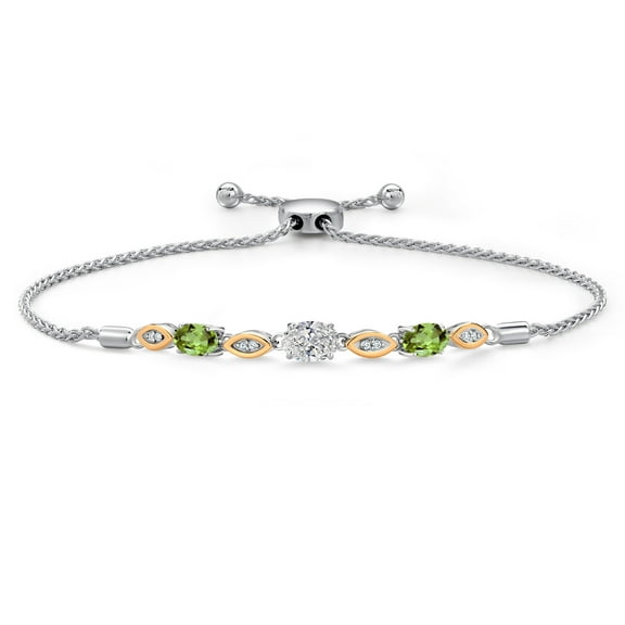 Gem Stone King 1.70 Ct DEF Lab Grown Diamond Green Peridot 925 Silver and 10K Yellow Gold Bracelet