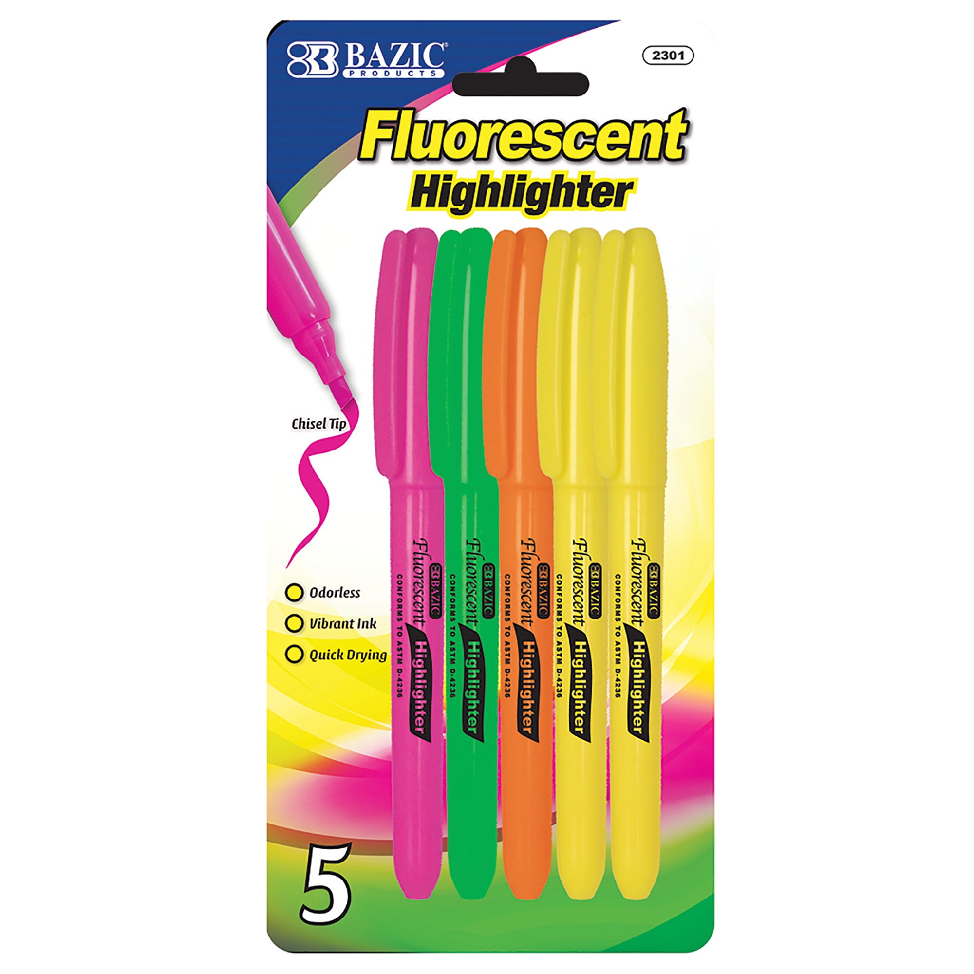 BAZIC Neon Highlighter Assorted Color Pen Style, Chisel Tip Broad Fine Line Highlighters