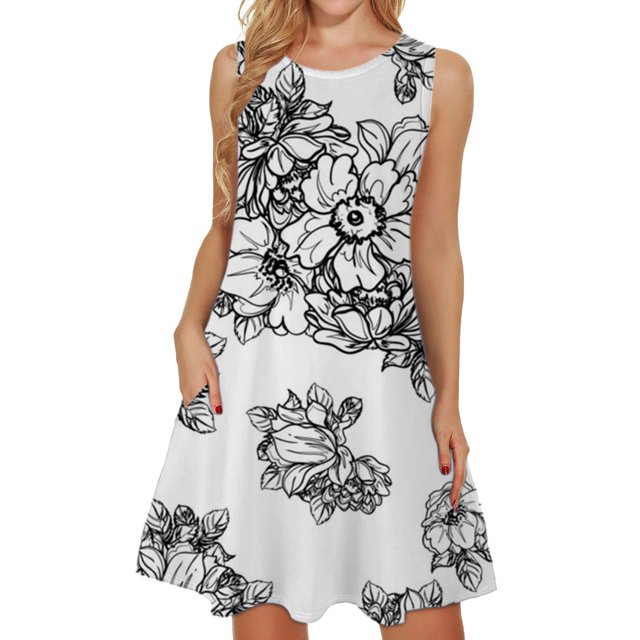 RWJDXD Robe d'Été Ample et Confortable pour Femmes Col Rond Manches Courtes Motif Floral Jupe Sans Manches Été Jupe Ample Respirante Robe de Soirée pour Femmes