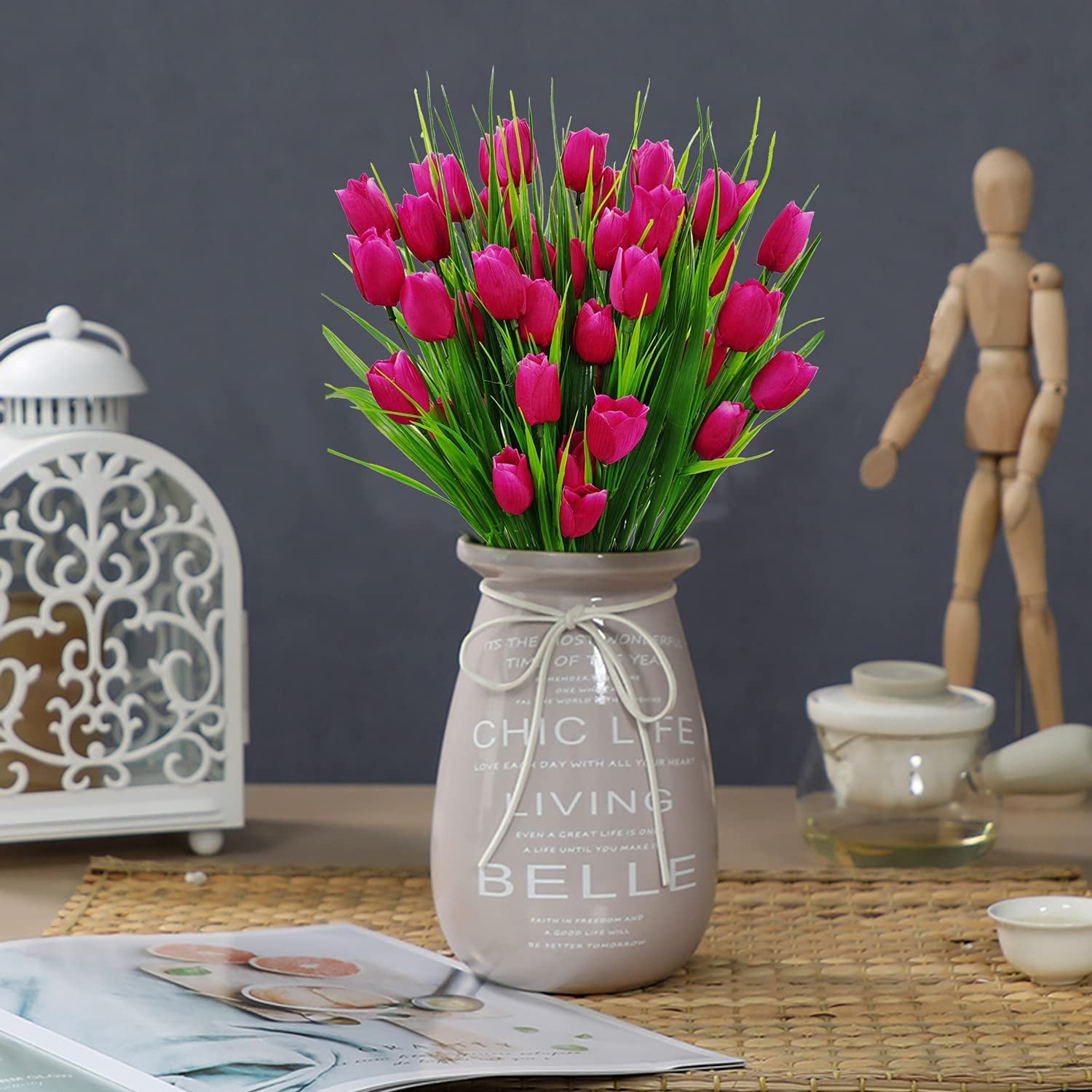 Outdoor Artificial Tulips Fake Flowers UV Resistant Faux Plastic Greenery Shrubs Plants for Home Outside Garden Porch Window Farmhouse Decor (Rose Red)