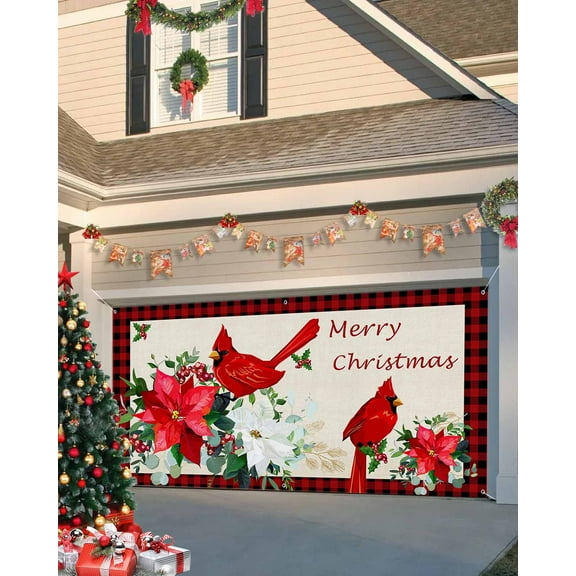 Garage Door Banner Cover 7 x 16 ft, Merry Christmas Red Bird with Poinsettia Vintage Background Christmas Garage Door Decorations Holiday Christmas Backdrop Decor for Winter New Year Xmas Party