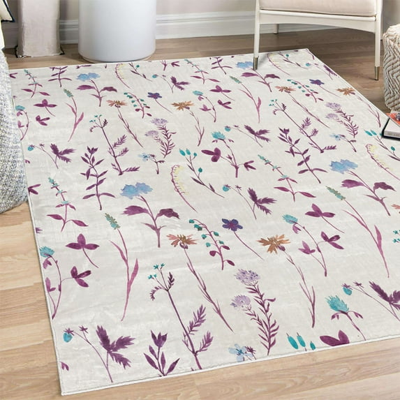 Floral Decorative Rug, Spring Season Themed Watercolors Painting of Herbs Flowers Botany Garden Art, Quality Carpet for Bedroom Dorm and Living Room, 6 Sizes, Lavender Blue, by Ambesonne