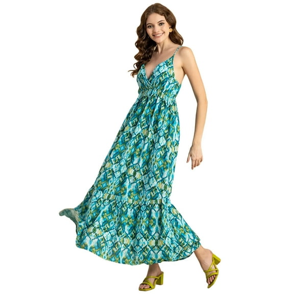 Moomaya Shoulder Straps V Neck Printed Rayon Dress - Women's Boho Maxi Dress
