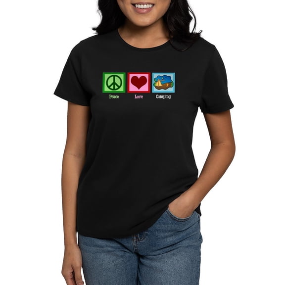 CafePress - Peace Love Camping Women's Dark T Shirt - Women's Traditional Fit Dark T-Shirt