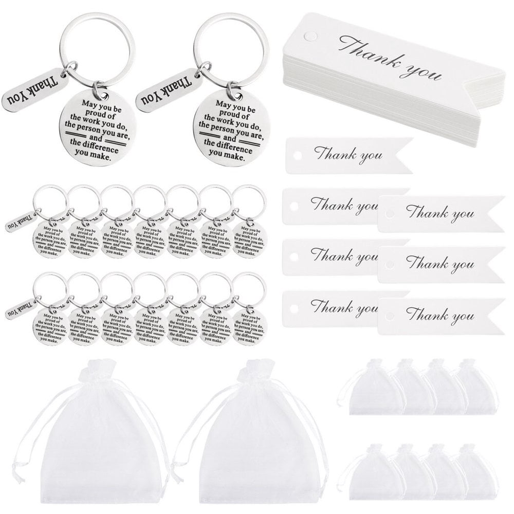LEEYNEER 150 PCS Employee Appreciation Gifts  Bulk Thank You Keychains Gifts  Inspirational Stainless Steel Keyrings with Drawstring Bags and Cards  Appreciation Gifts for Coworker Nurse