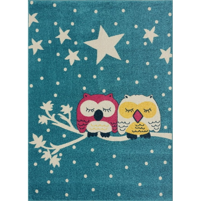 Blue Adorable Kids Area Rug Carpet with Animals Pink Owls and White Stars, 6x9 (6'7" x 9'2", 200cm x 280cm)