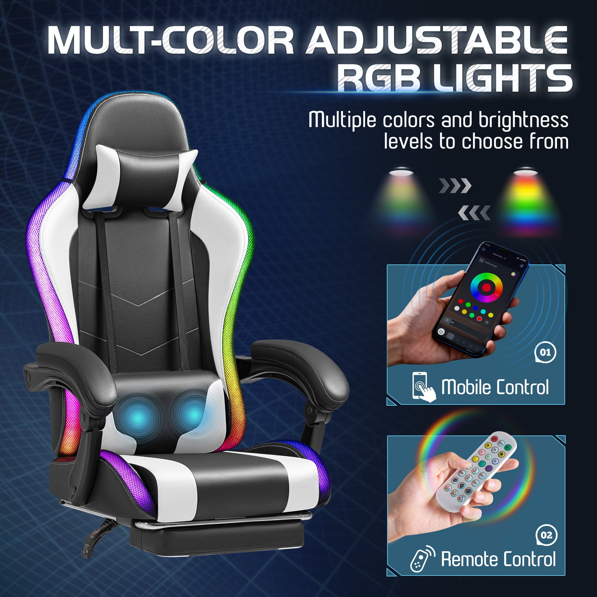 Homall RGB Gaming Chair with APP & Remote Control, LED Lights Ergonomic Computer Chair with Footrest & Massage Lumbar Support, White