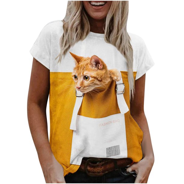 Camiseta informal para mujer con estampado de gato y cuello redondo, blusa de manga corta, Tops Fridja bn4706