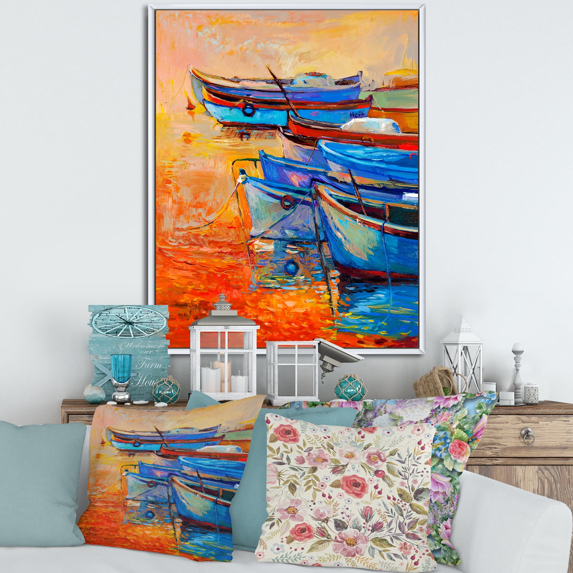 Designart 'Boats During Warm Sunset Resting On The Water VIII' Nautical & Coastal Framed Canvas Wall Art Print