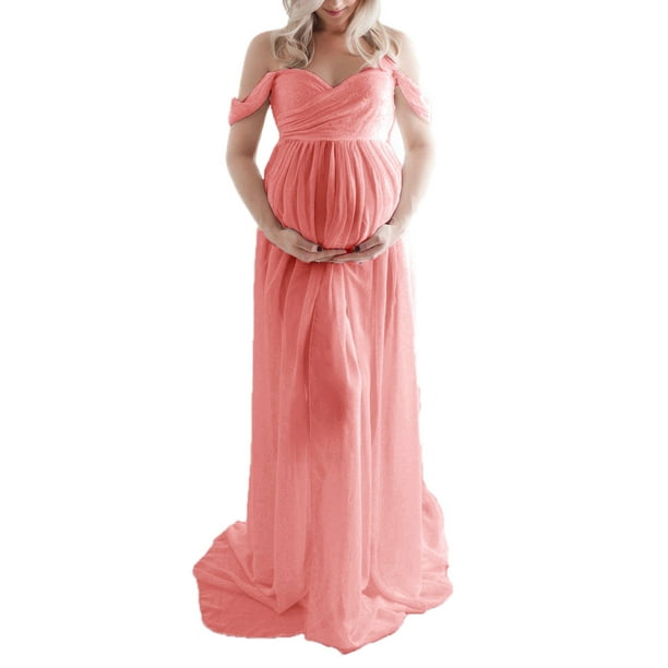 SAYOO Vestido de maternidad para fotografía Color sólido Fuera del hombro Vestido de gasa Frente Split Vestidos largos de embarazo para sesión de fotos SAYOO casual