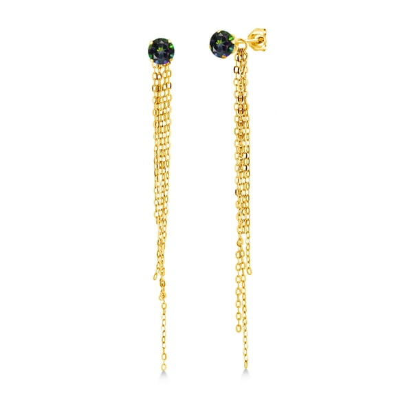 Gem Stone King 1.10 Ct Round 5mm Green Mystic Topaz 18K Yellow Gold Plated Silver Stud Extra Long Statement Enhancer Earrings 3.5 inch