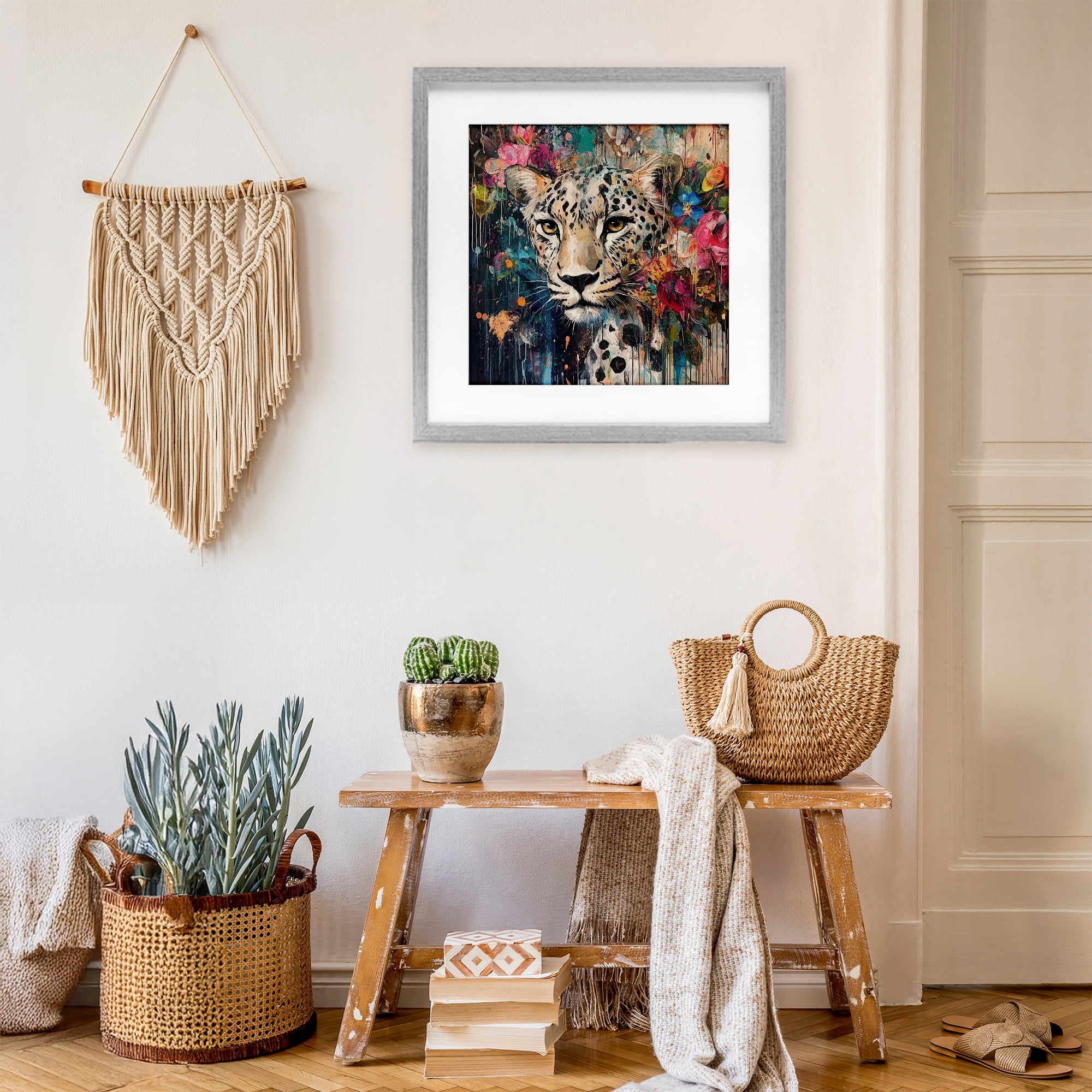 Stupell Industries Cheetah & Exotic Blooms Gray Framed Print Under Glass, design by Marta Wiley