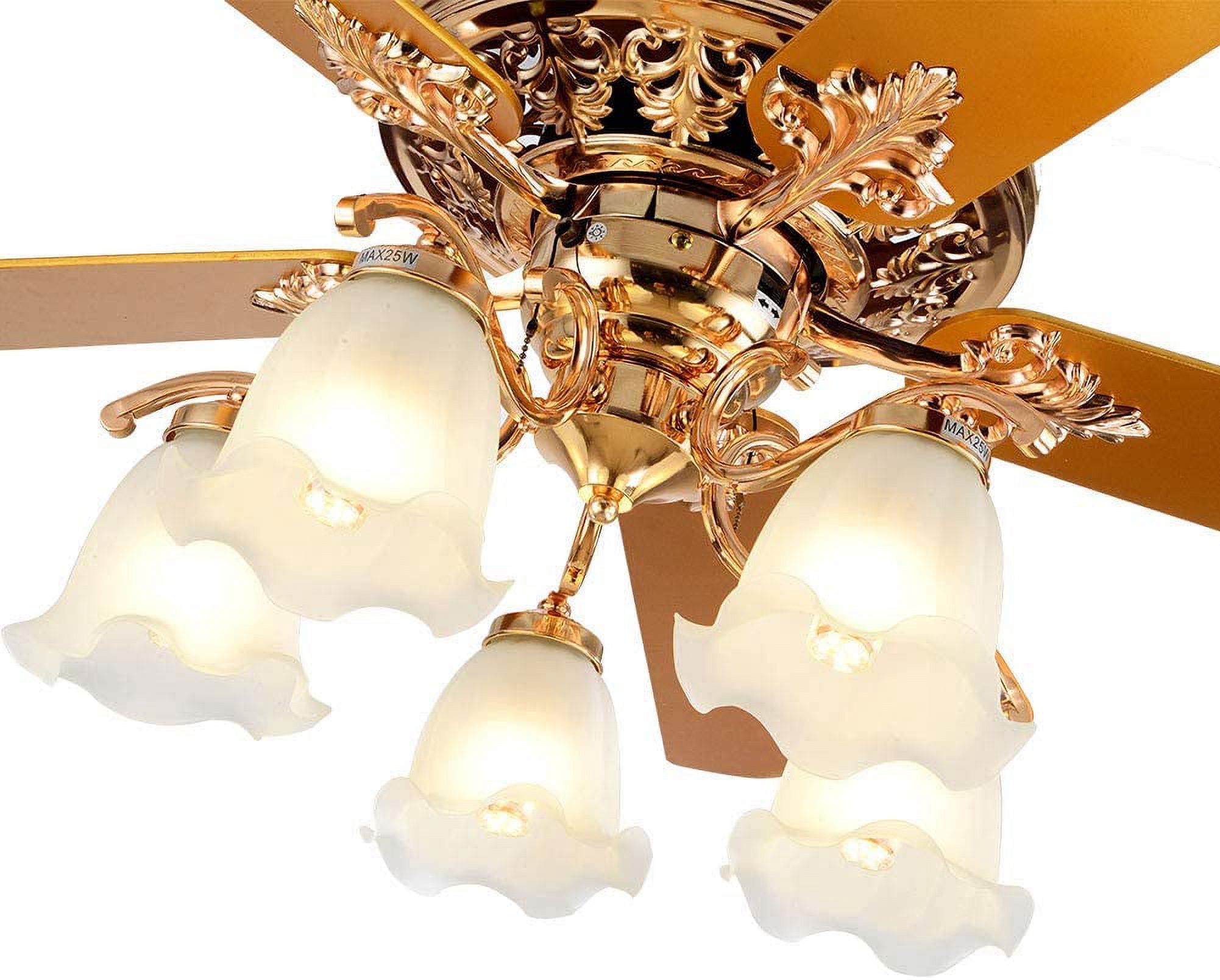 ANQIDI 52" Modern Ceiling Fan Light Gold LED Fan Lamp Chandelier with Remote 5 Wood Reversible Blades 5 Frosted Glass Lampshades