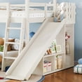 thumbnail image 6 of Harper & Bright Designs House Bunk Bed Twin over Full with Storage Shelves and Wardrobe, Wood Floor Bunk Bed Frame with Ladders and Slides for Boys Girls, Beige, 6 of 16