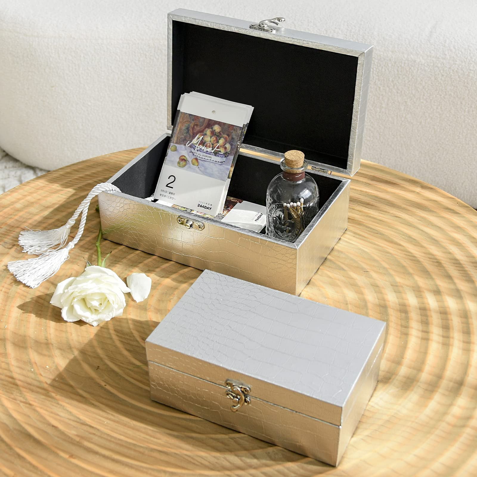 MODE HOME Set of 2 Wooden Decorative Nesting Storage Boxes, Silver Crocodile Leather with Clasp for Home Kitchen Living Room, Ideal Gift for Wedding Memories Jewelry Trinket