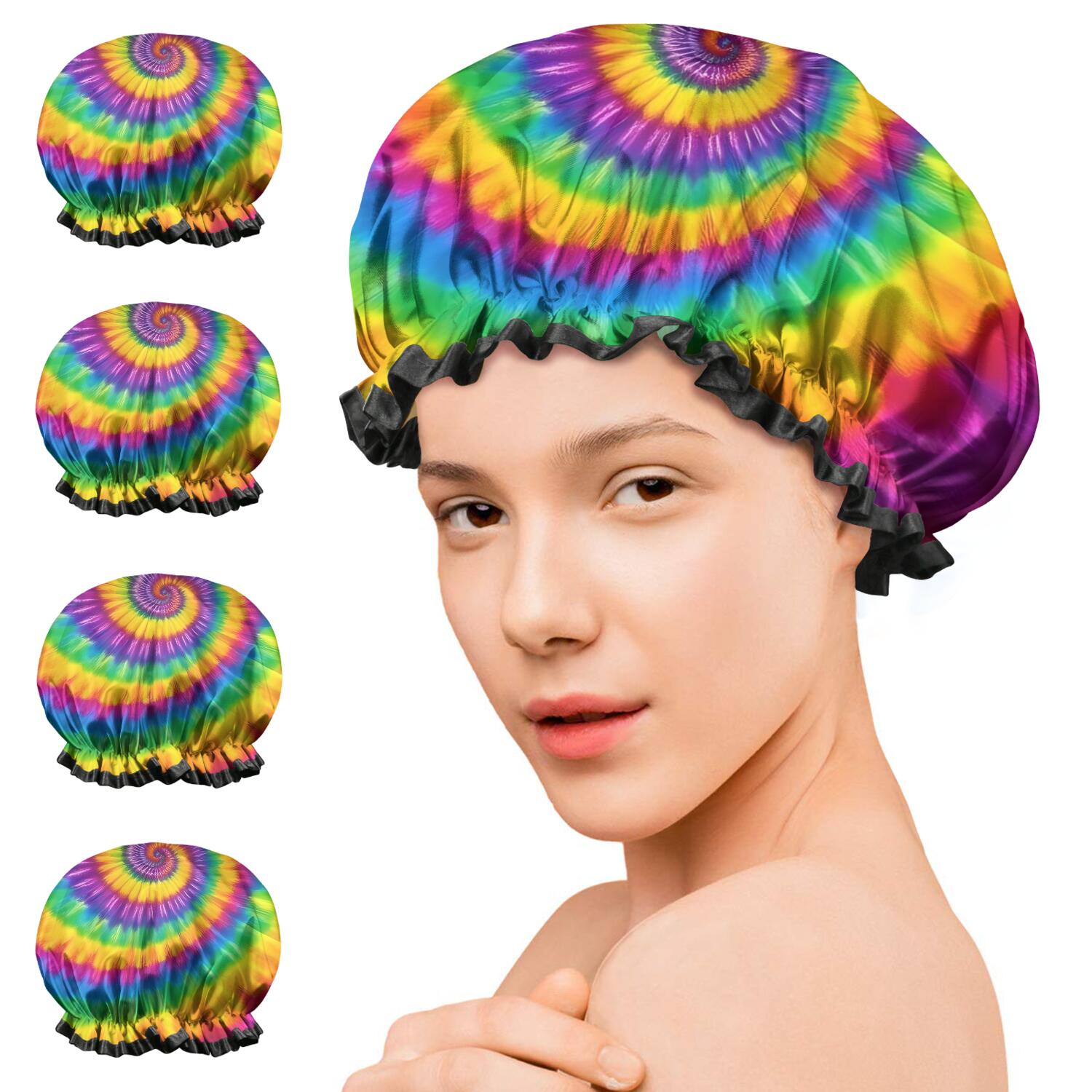 Shower Caps,Rainbow Tie Dye Mandala Pattern Waterproof Shower Cap for Women 4 Pieces,Double Reusable Hair Cover for Shower PEVA Elastic Stretch Hem