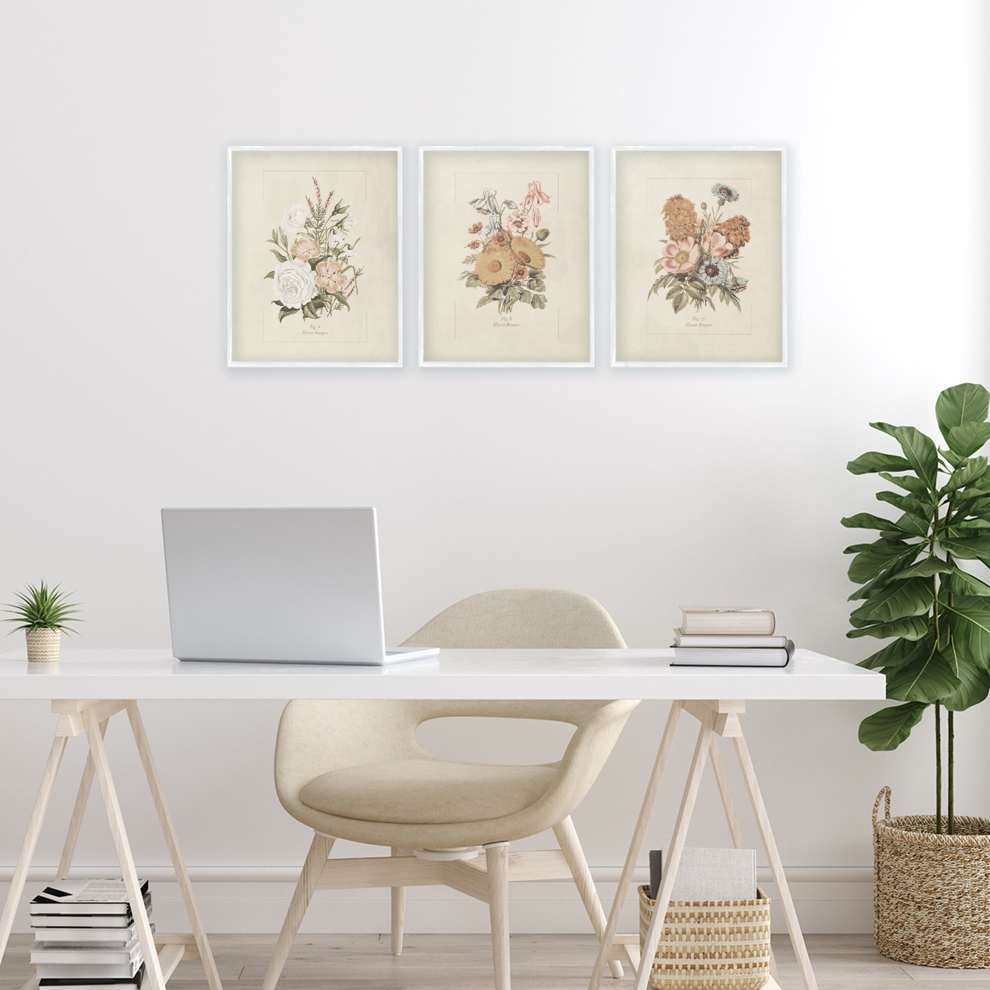 Stupell Industries Neutral Bouquet Studies 3 Piece White Framed Giclee Art Set, design by Dan Meneely