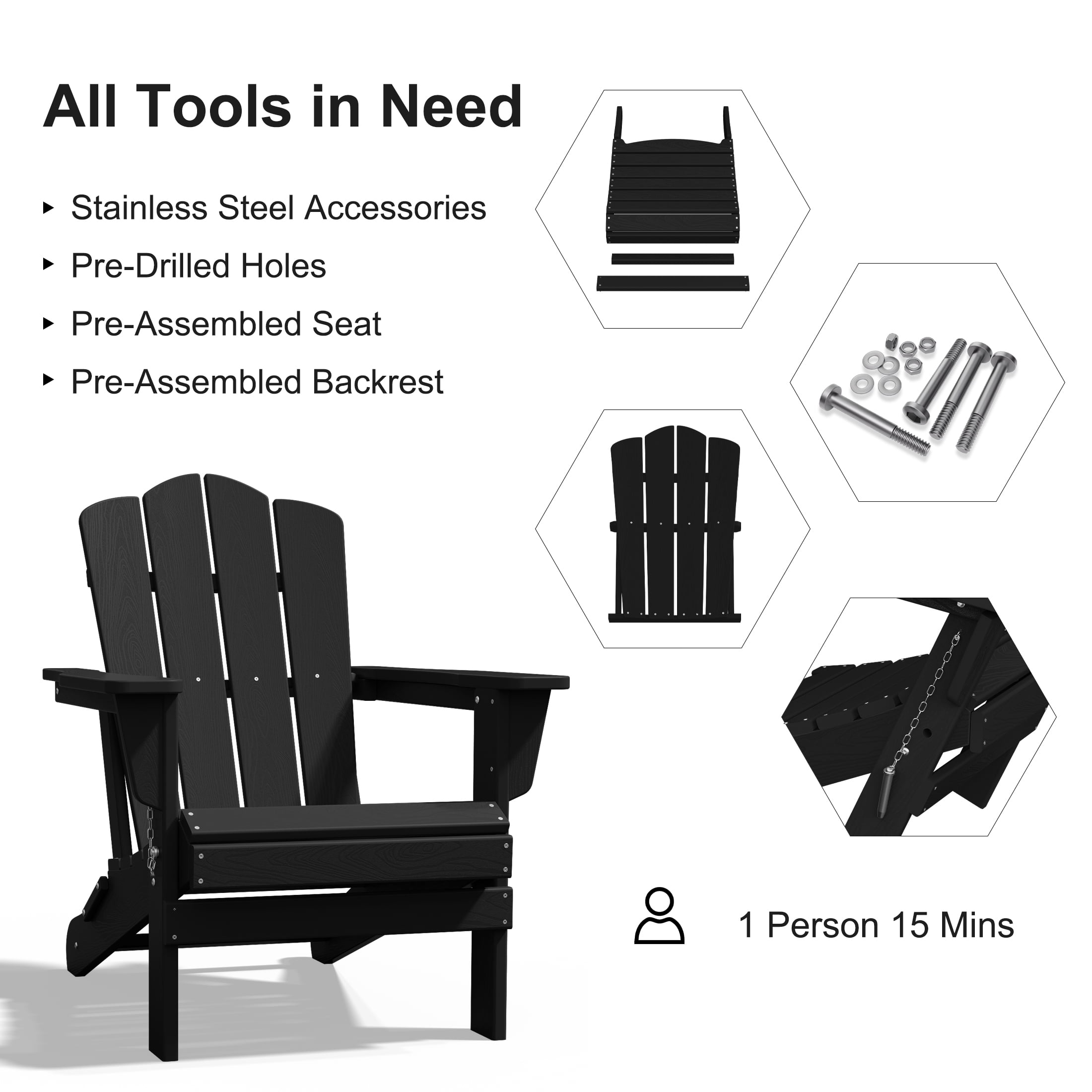 JUSTLET Adirondack Chair, 4PC Plastic Folding Outdoor Patio Chairs, Outside HDPE Chairs for Lawn, Yard, Black