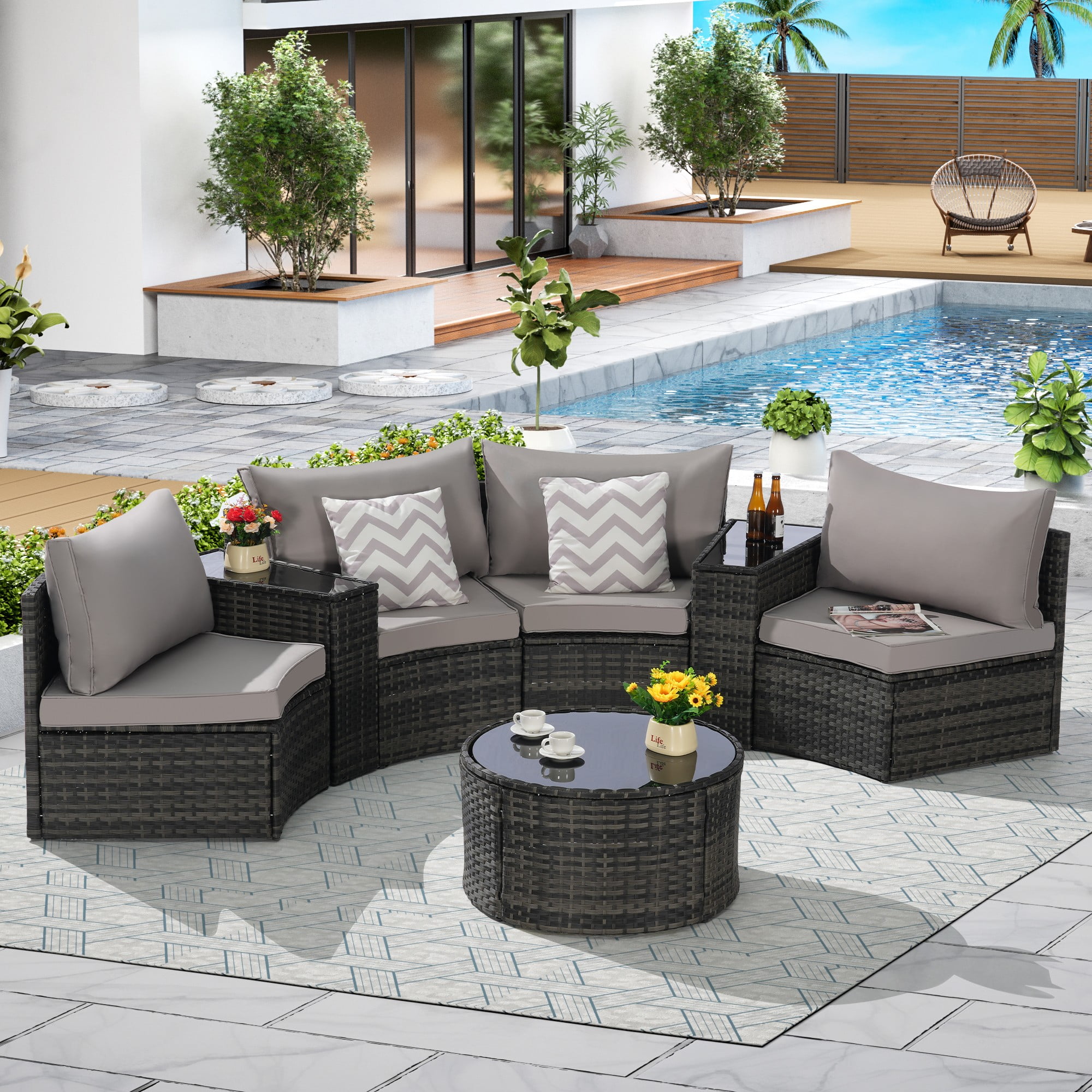 7-Piece Outdoor Patio Furniture Half-Moon Sectional Round Patio Furniture Set Sofa with Tempered Glass Round Coffee Table (Light Grey)