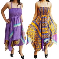 Mogul Lot Of 2 Womens Sundress Recycled Vintage Sari Handkerchief Hem Casual Sleeveless Halter Neck Boho Printed Gypsy Dresses XS