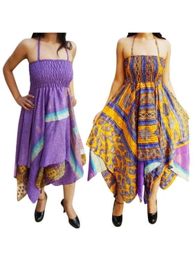 Mogul Lot Of 2 Womens Sundress Recycled Vintage Sari Handkerchief Hem Casual Sleeveless Halter Neck Boho Printed Gypsy Dresses XS