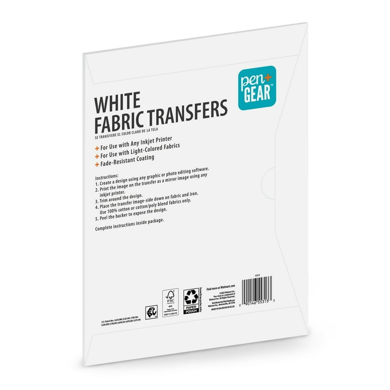 Pen+Gear White Fabric Transfer Paper, Inkjet Printable, 8.5