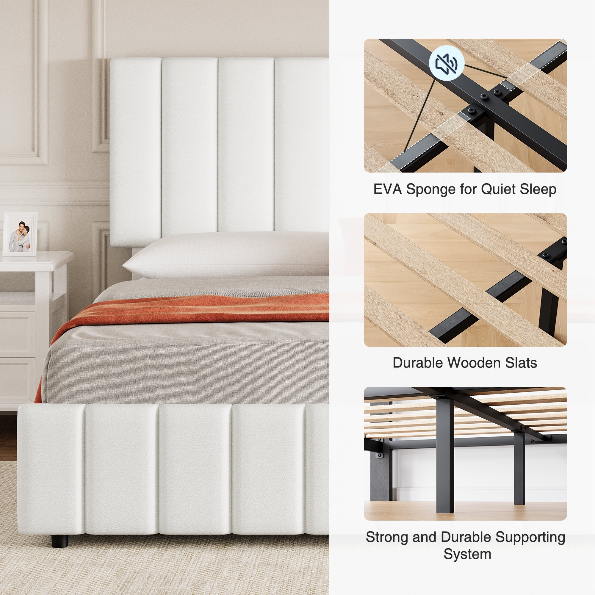 Hetoy Queen Size Bed Frame with 4 Storage Drawers and Adjustable Headboard, Linen Upholstered Platform Bed Frame with Wooden Slats Support, No Box Spring Needed, White