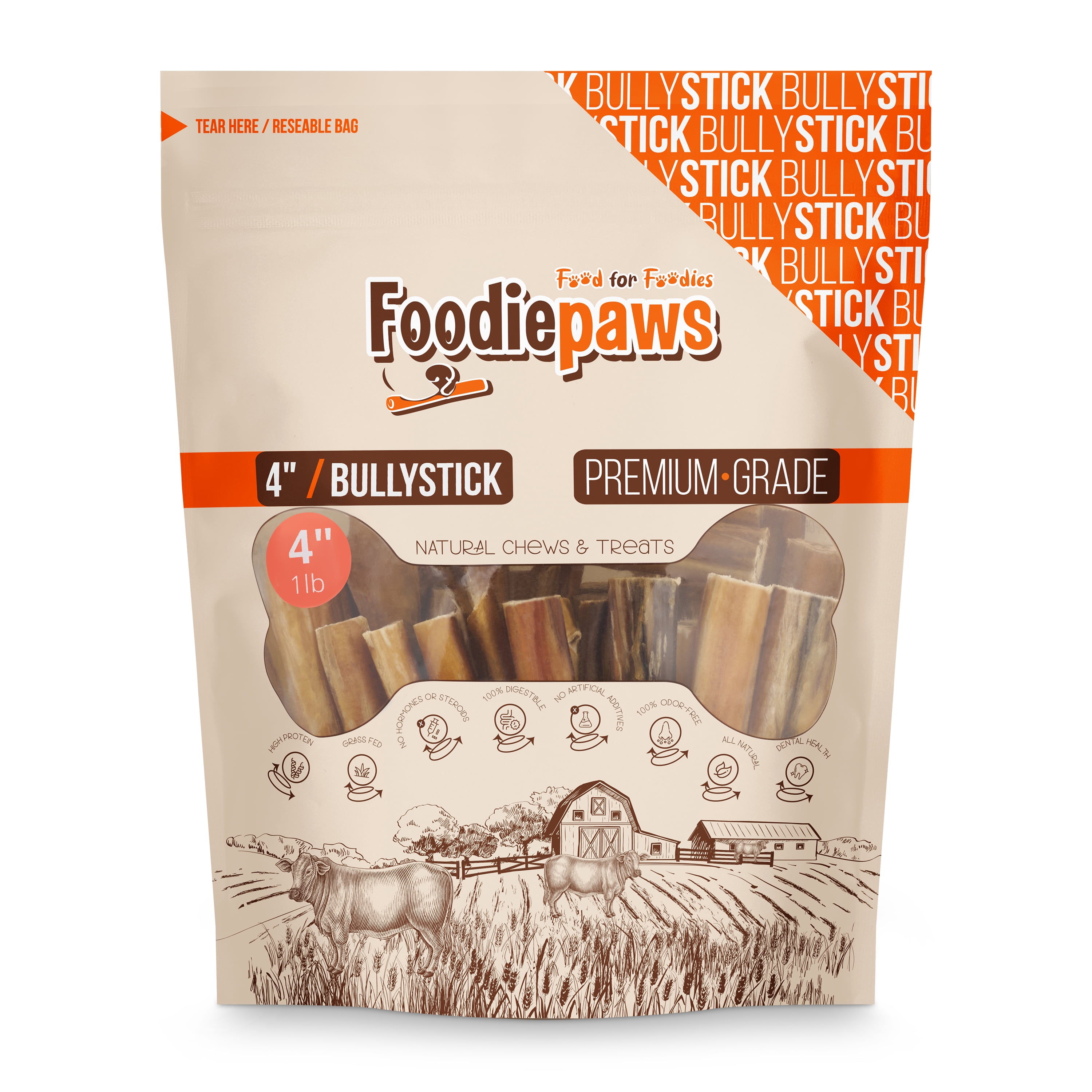Foodiepaws All Natural 4-inch Bully Sticks Odor free USA Packed for Small, Medium Dogs-100% Free-Range Grass-Fed Beef–Single Ingredient Grain & Rawhide Free-Longer Lasting Dental Dog Chews (1lb)