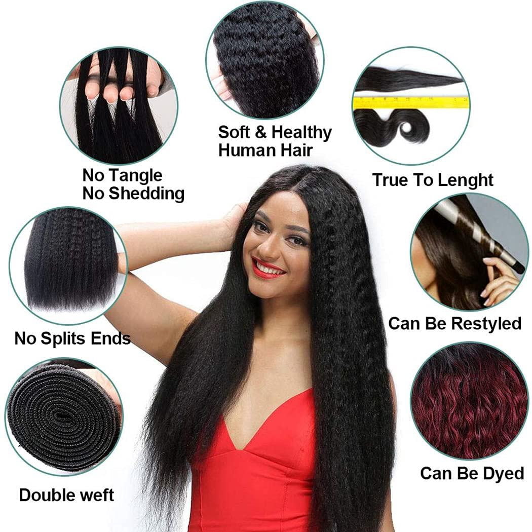 Kinky Straight Human Hair 10A Grade 1 Bundles Unprocessed Brazilian Yaki Straight Human Hair Bundles Sew in Hair Extensions Natural Black (24inch)