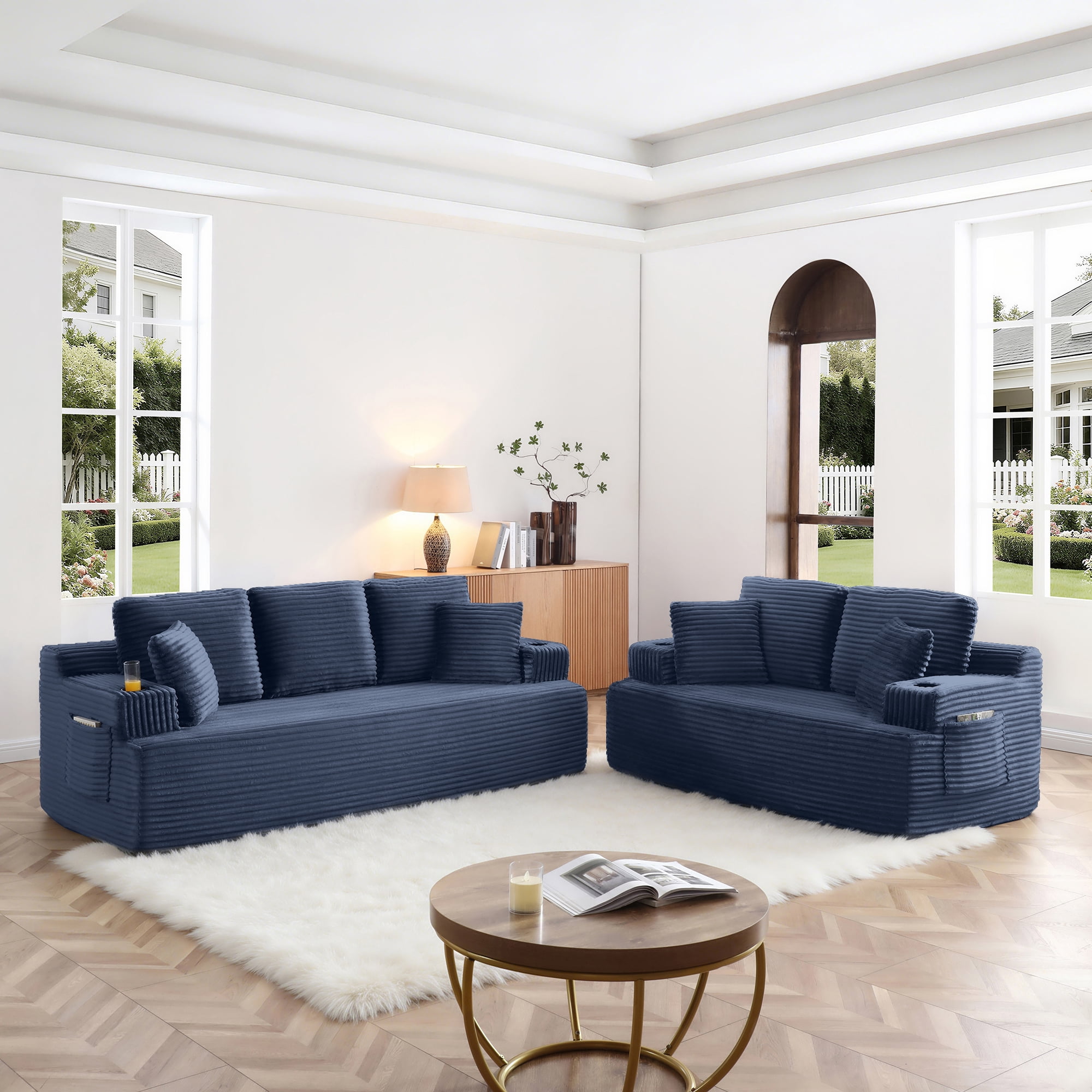 Boneless Sofa, 3-Seater Floor Couch with Cup Holders and Side Pockets, Corduroy Fabric No Assembly Sofa for Living Room or Dorm, 86.2 Inch, Blue
