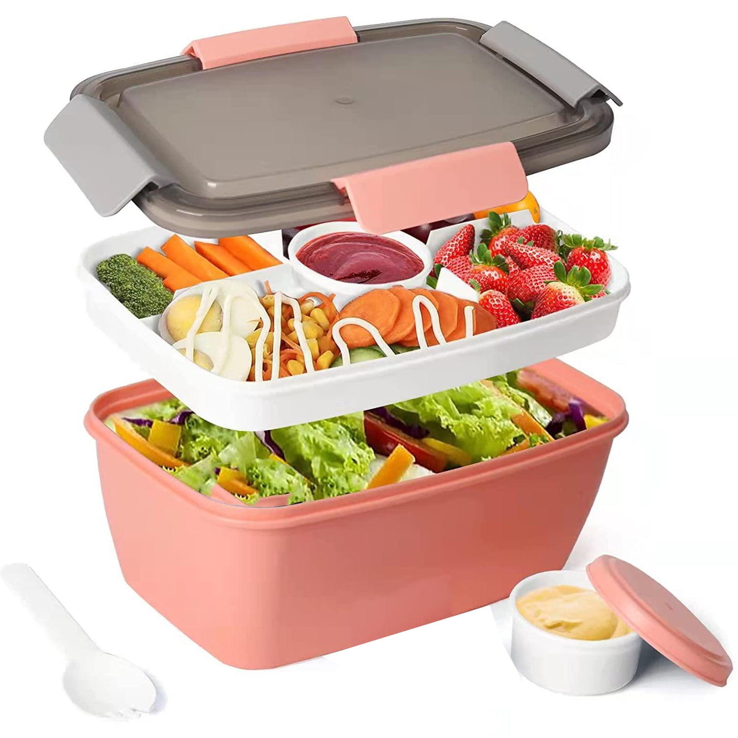68-oz Salad Bento Box for Adults and Kids,Bento Lunch Box 68 oz Salad Bowl with 5-Compartment,Lunch Box Container with 1pcs Salad Dressing Container To Go,Large Leak-Proof Bento Box Adult Lunch Box