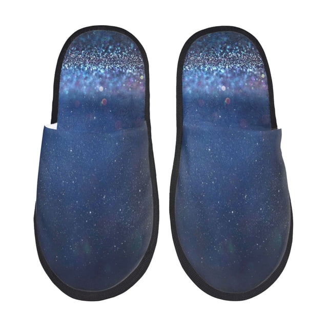 Balery Retro Blue Glitter Pantuflas de Casa de Felpa Silenciosas con Diseño Estampado, Zapatillas Cómodas Antideslizantes de Algodón para Interior-Large