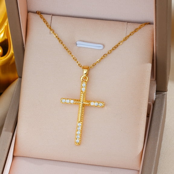 Lordgold Cross Chain Necklace For Men Women 14K Yellow Gold Hip Hop Accessory Fashion Jesus Christ Cross Pendant Necklace