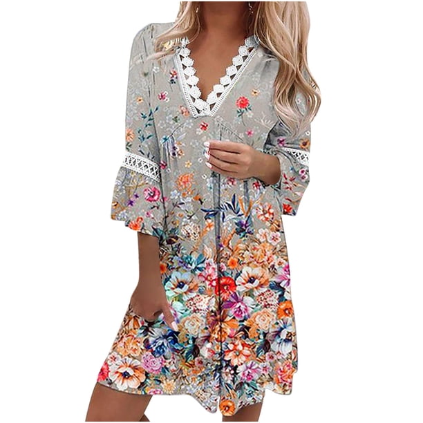 Vestidos informales de verano para mujer, túnica de fiesta de manga 3/4, vestido a media pierna con cuello en V informal bohemio con estampado de Cachemira y encaje con cuello en V Pompotops hdfakjf6014