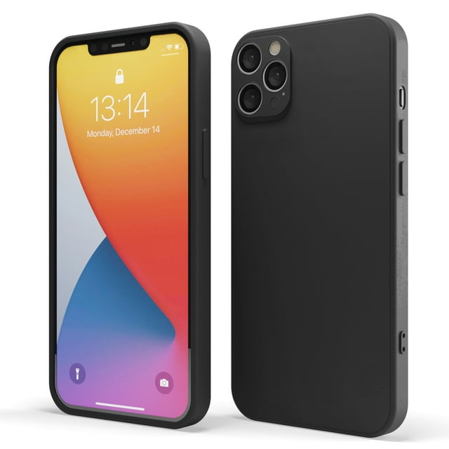 Red Ember Shockproof Case for iPhone, Ultra Slim Protective Liquid Silicone Matte Finish Phone Case in black, designed for iPhone 12 Pro Max. Features a durable liquid silicone body with a soft microfiber lining to prevent scratches. The case offers 360-degree protection, including raised edges for the screen and camera, and precise cutouts for buttons and the charging port. Anti-fingerprint and anti-scratch properties ensure a clean and sleek appearance.